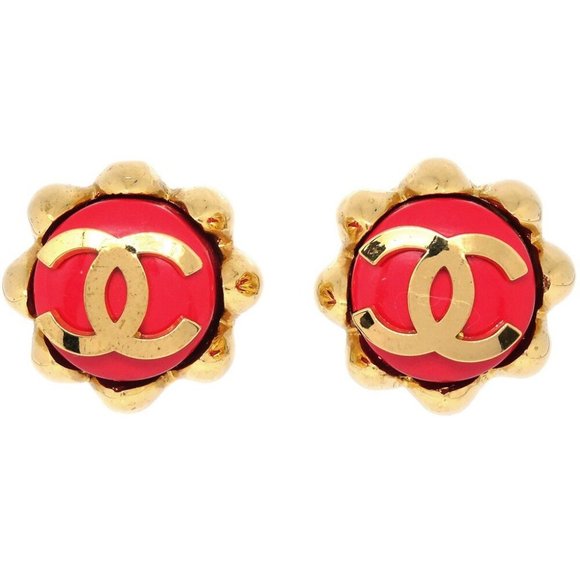 Chanel Button Earrings Clip-On Red - Picture 1 of 4